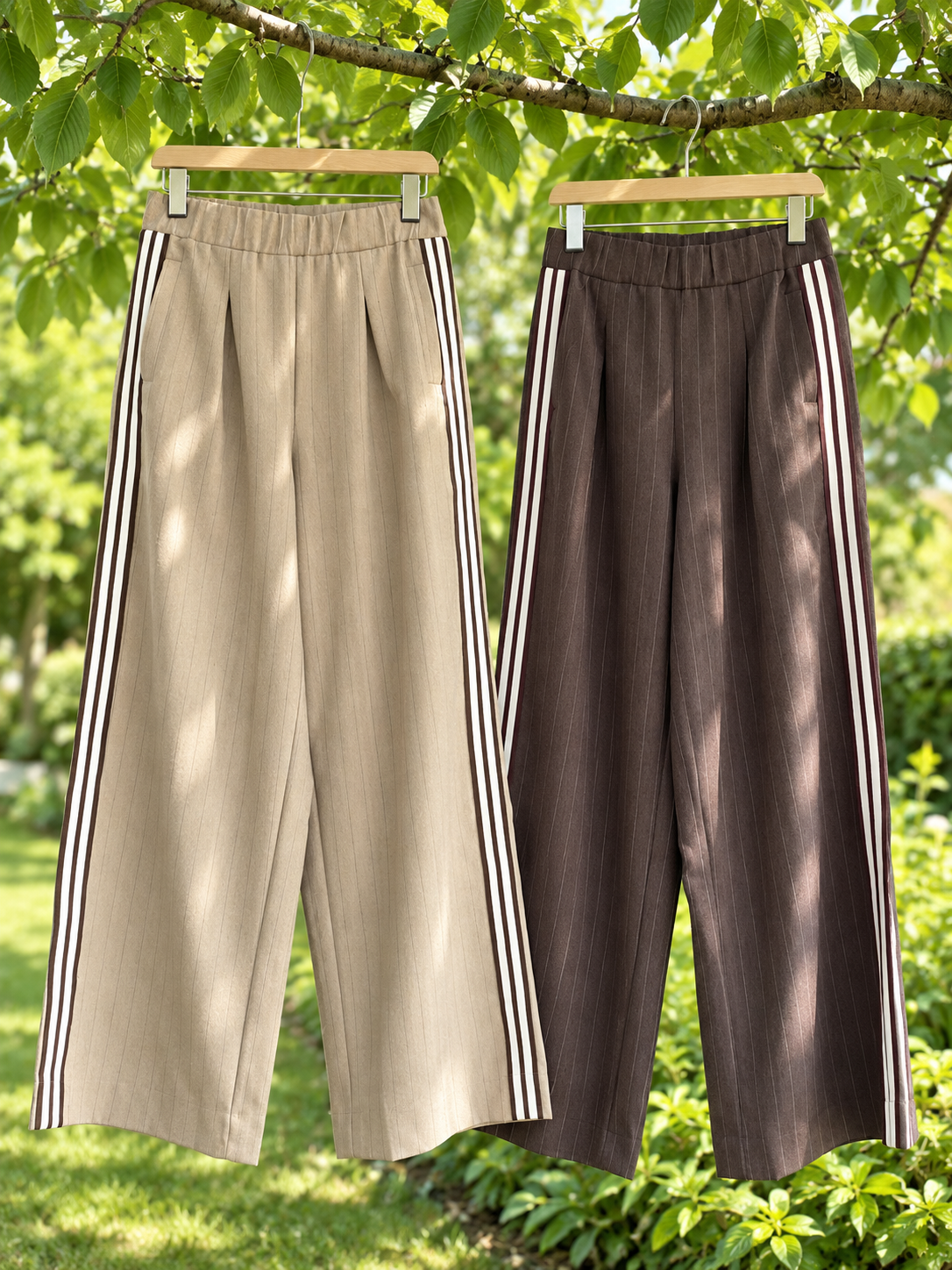 Pinstripe Pleat Front Wide Leg Trousers