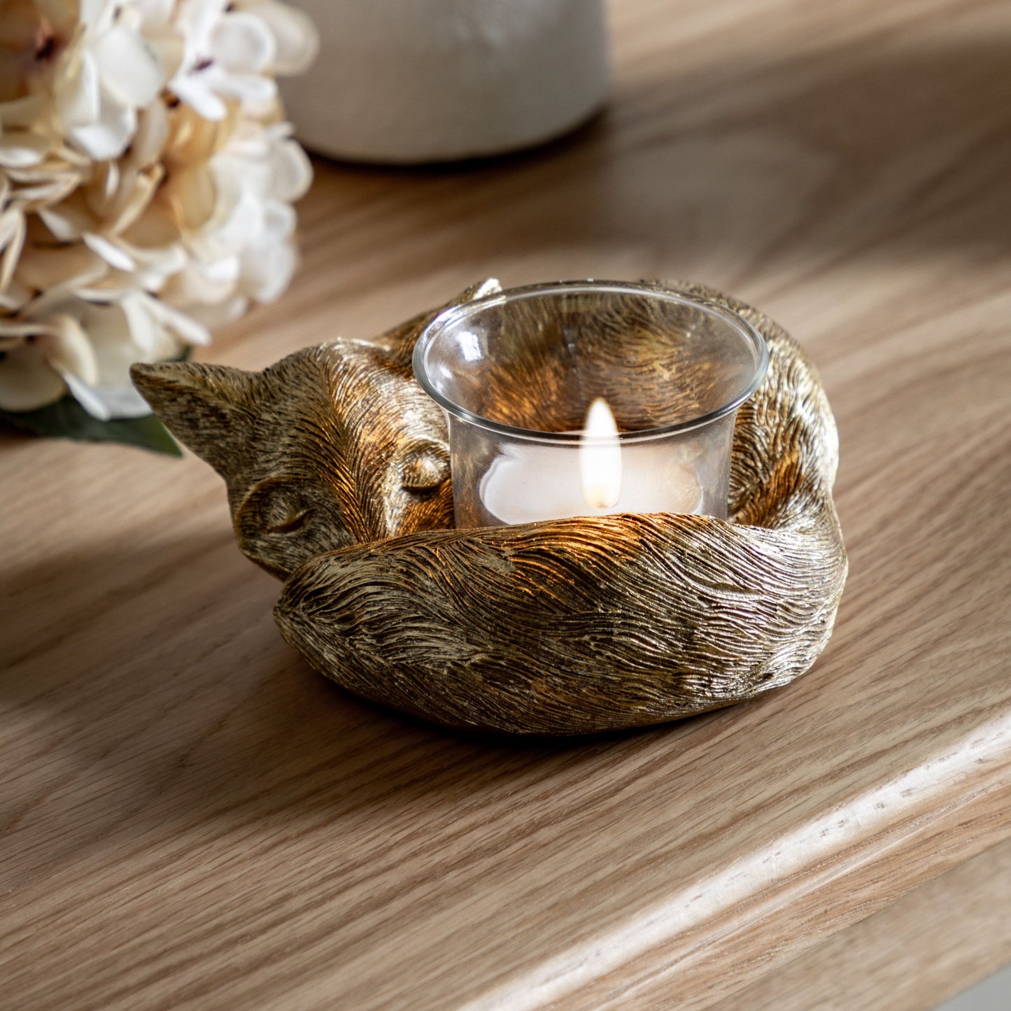 Sleeping Fox Tealight Holder in Gold