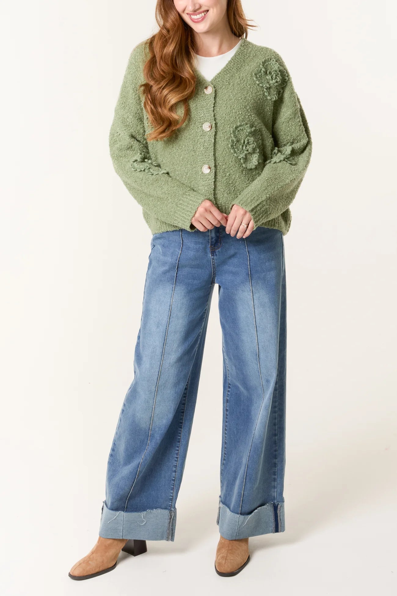 V-Neck Floral Knitted Cardigans - Matcha