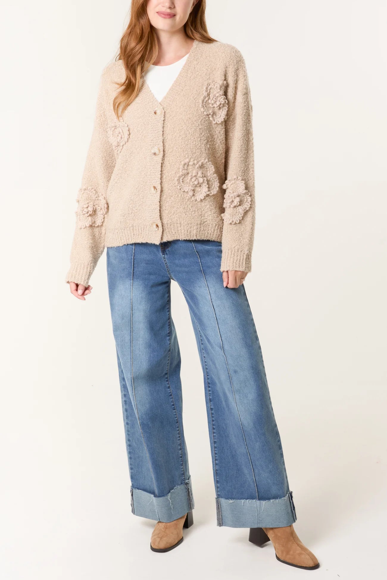 V-Neck Floral Knitted Cardigans - Beige