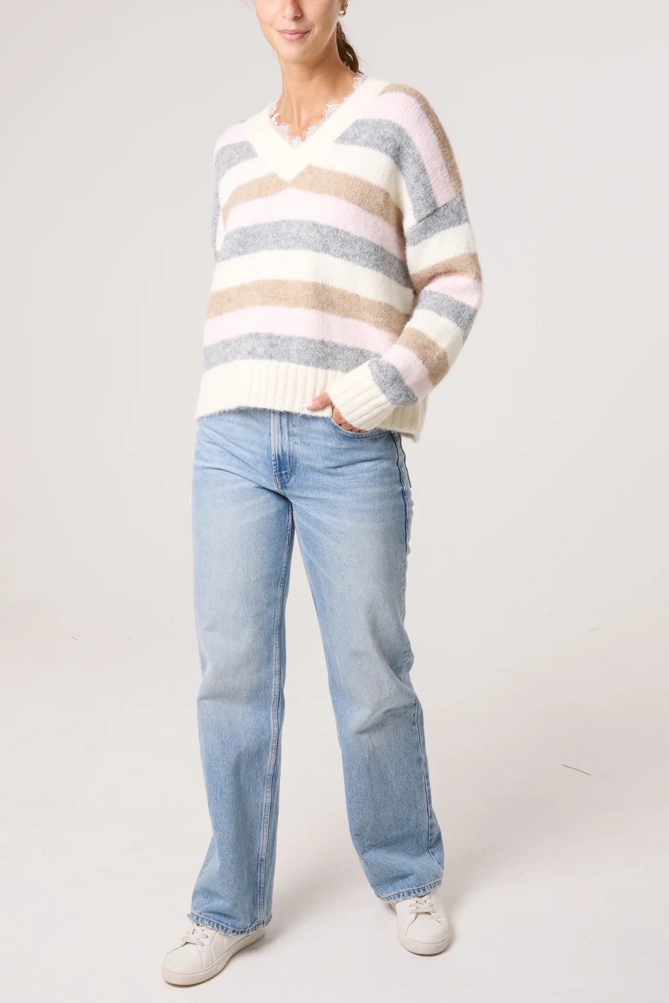 Striped Lace Trimmed V Neck Jumper