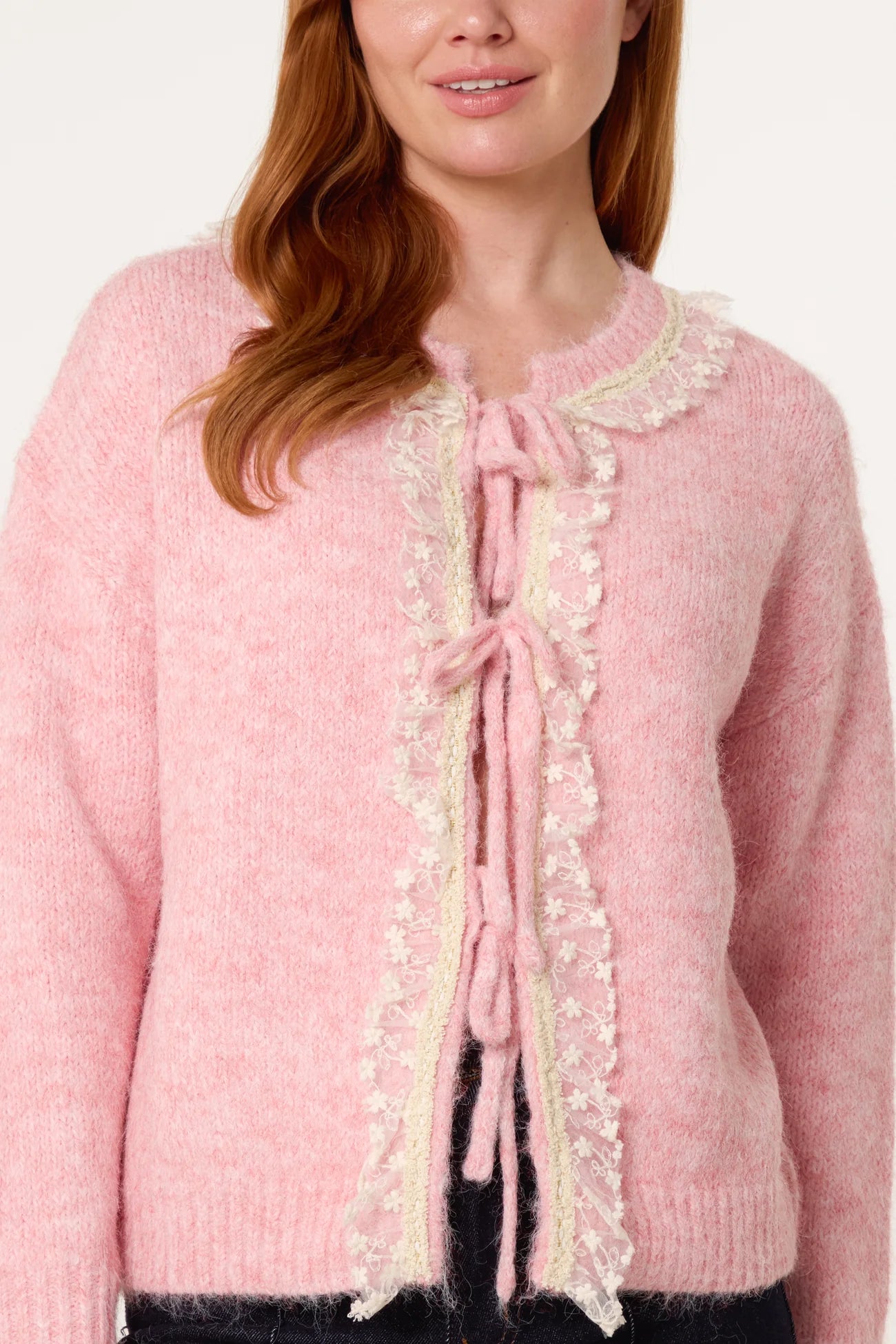 Bow Tie Front Lace Knit Cardigan