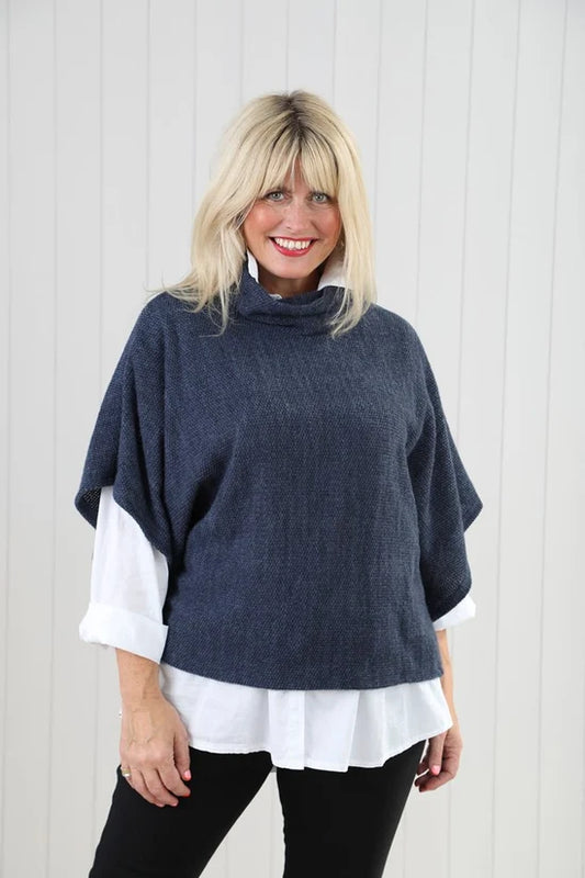 Cowl Poncho Blue Top