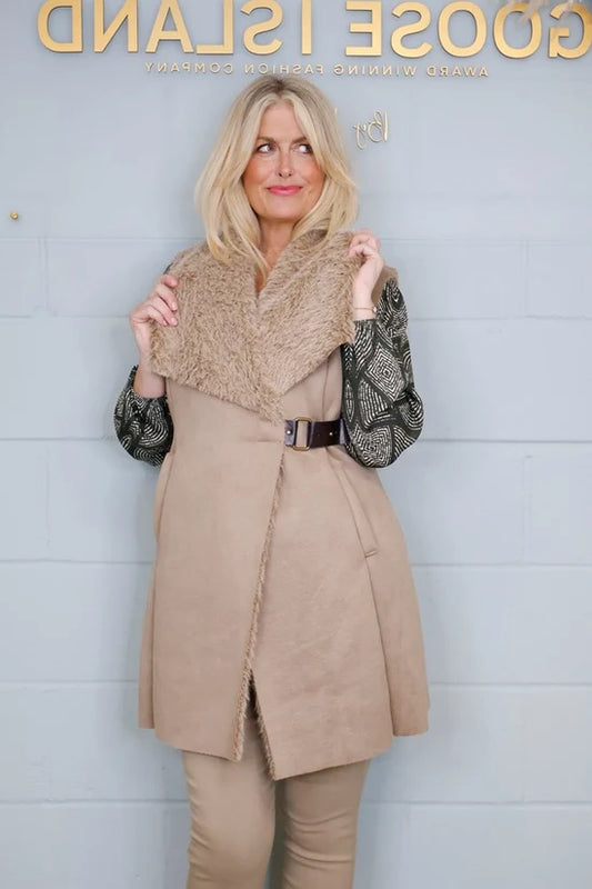 Faux Fur Suede Look Buckle Gilet