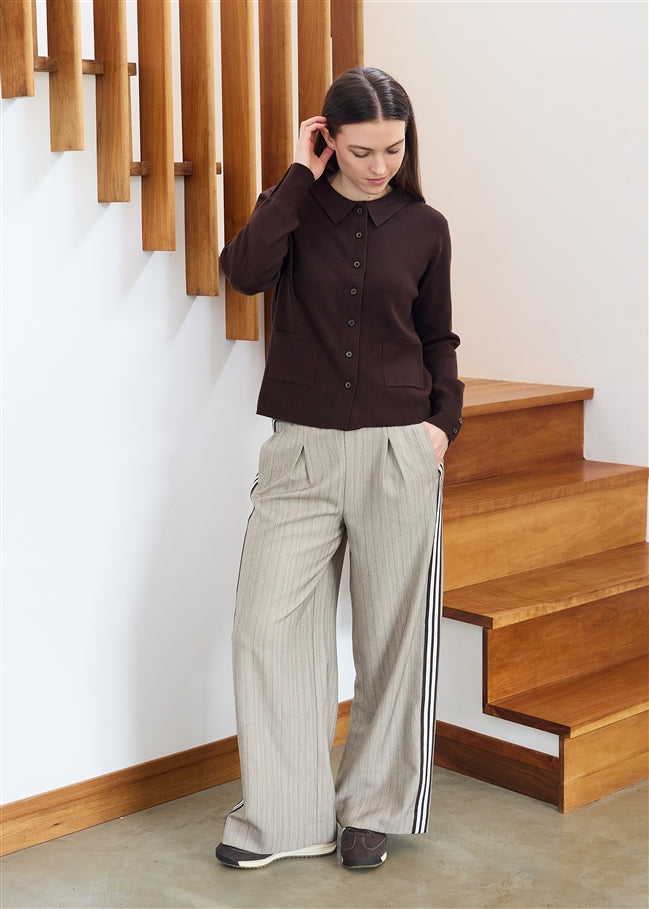 Pinstripe Pleat Front Wide Leg Trousers