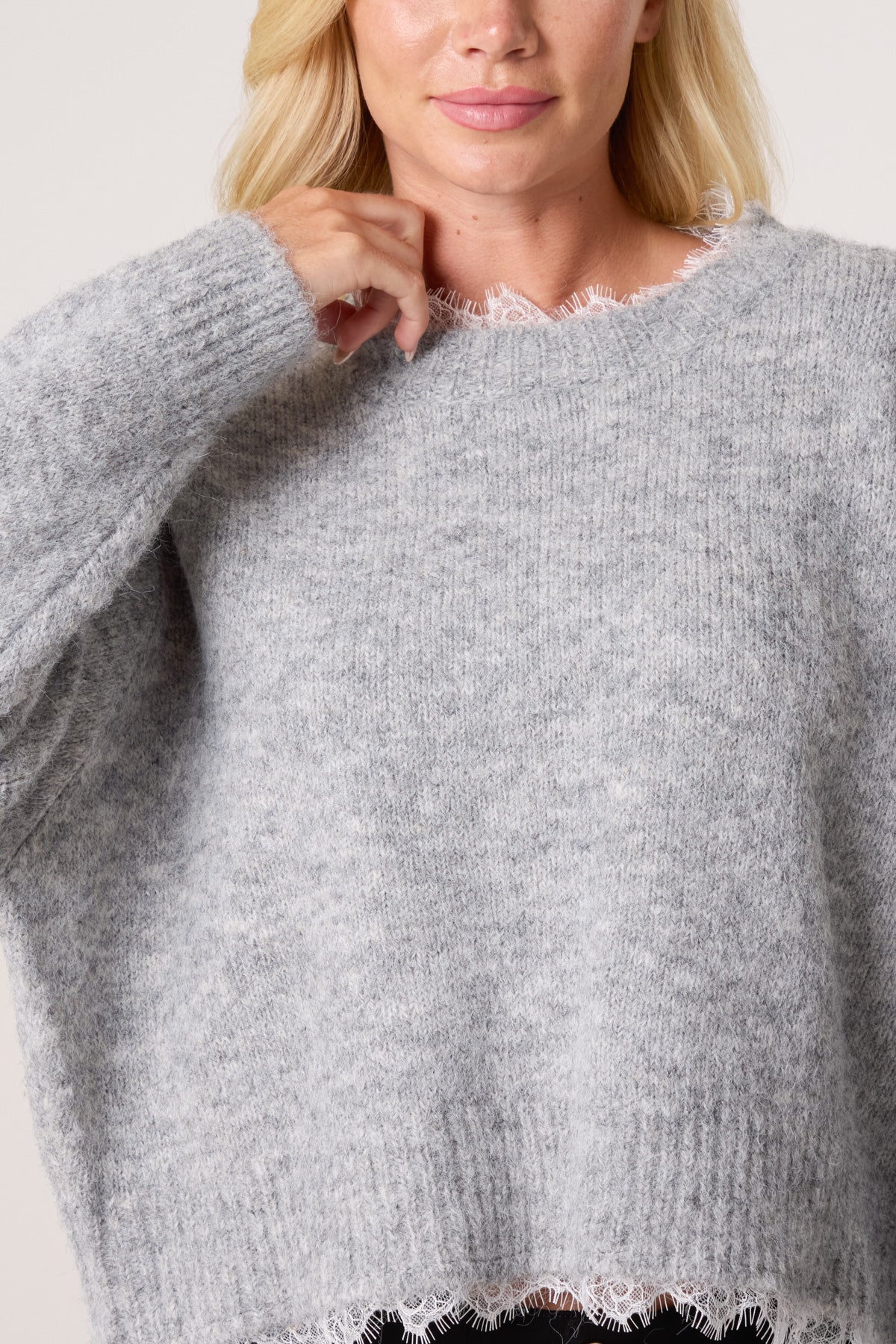 Lace Trim Grey Soft Knit Jumper