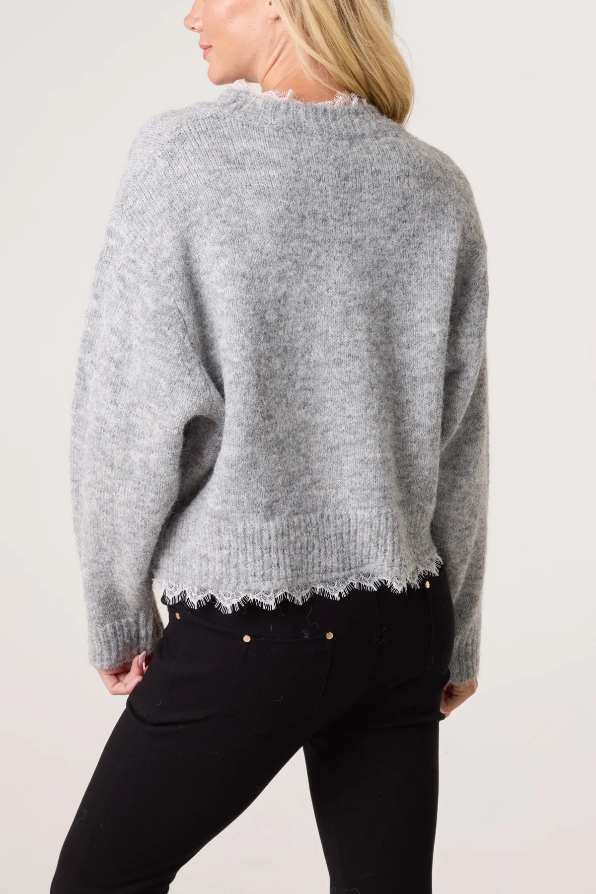Lace Trim Grey Soft Knit Jumper