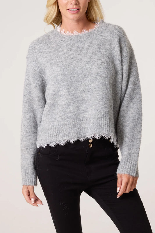 Lace Trim Grey Soft Knit Jumper