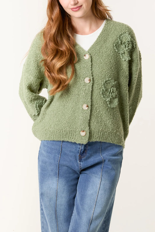 V-Neck Floral Knitted Cardigans - Matcha