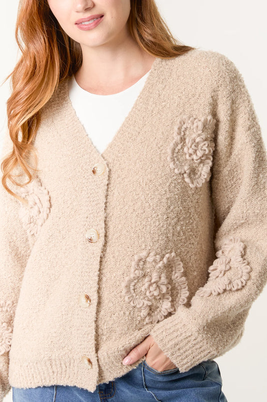 V-Neck Floral Knitted Cardigans - Beige