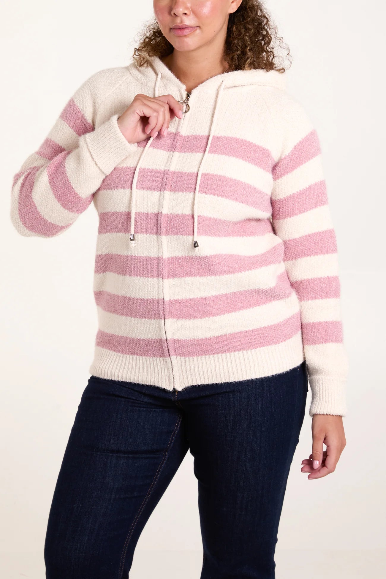 Candy Pink Striped Knitted Hooded Cardigan