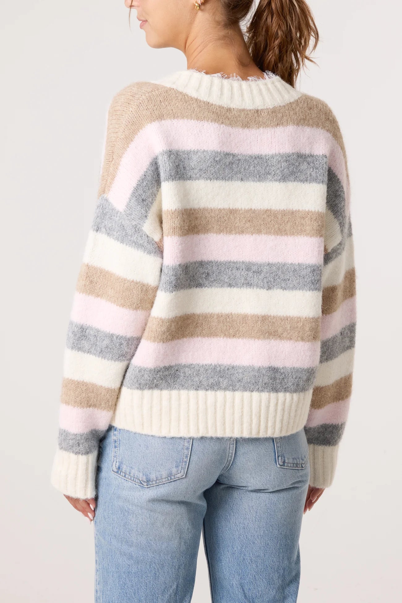 Striped Lace Trimmed V Neck Jumper