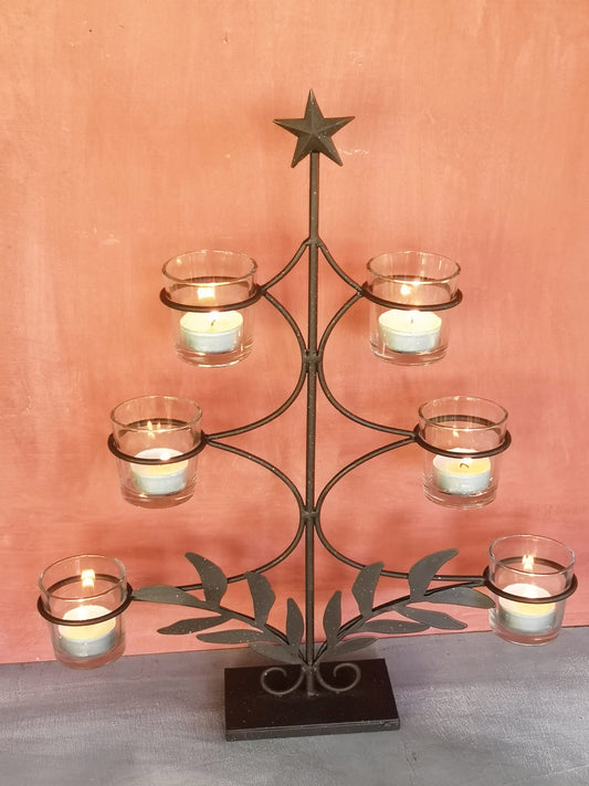 Rust Metal Xmas Tree Candle Holder