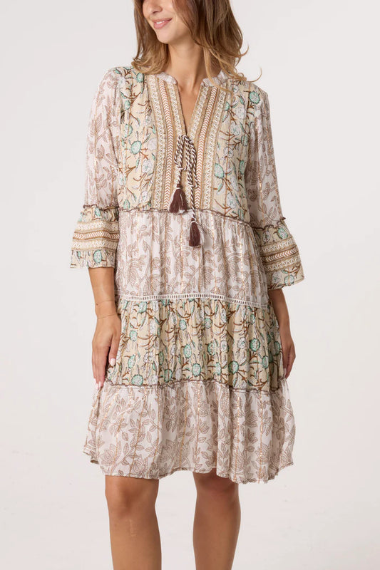 Embellished Floral Tiered Smock Dress