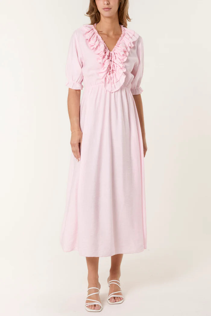 V-Neck Front Ruffle Midi Dress - Blush