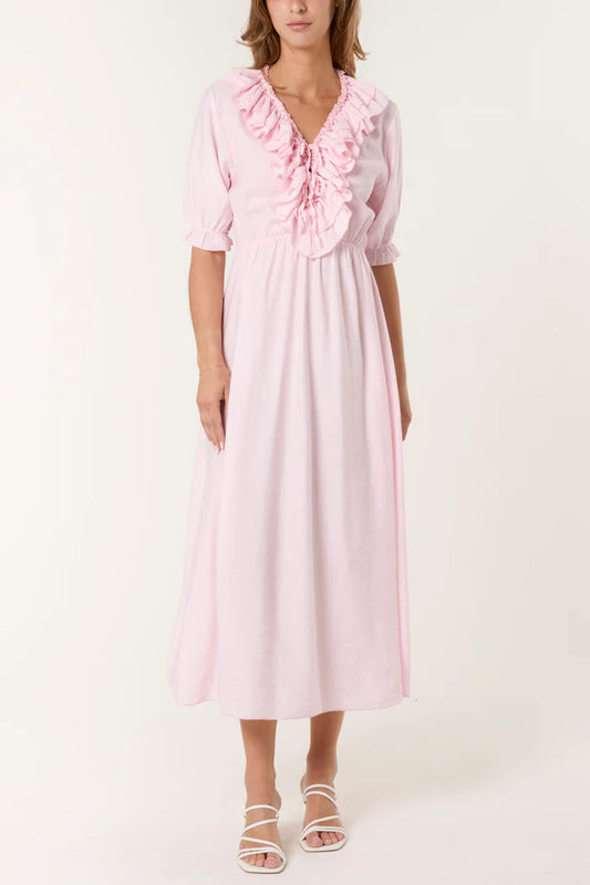 V-Neck Front Ruffle Midi Dress - Blush