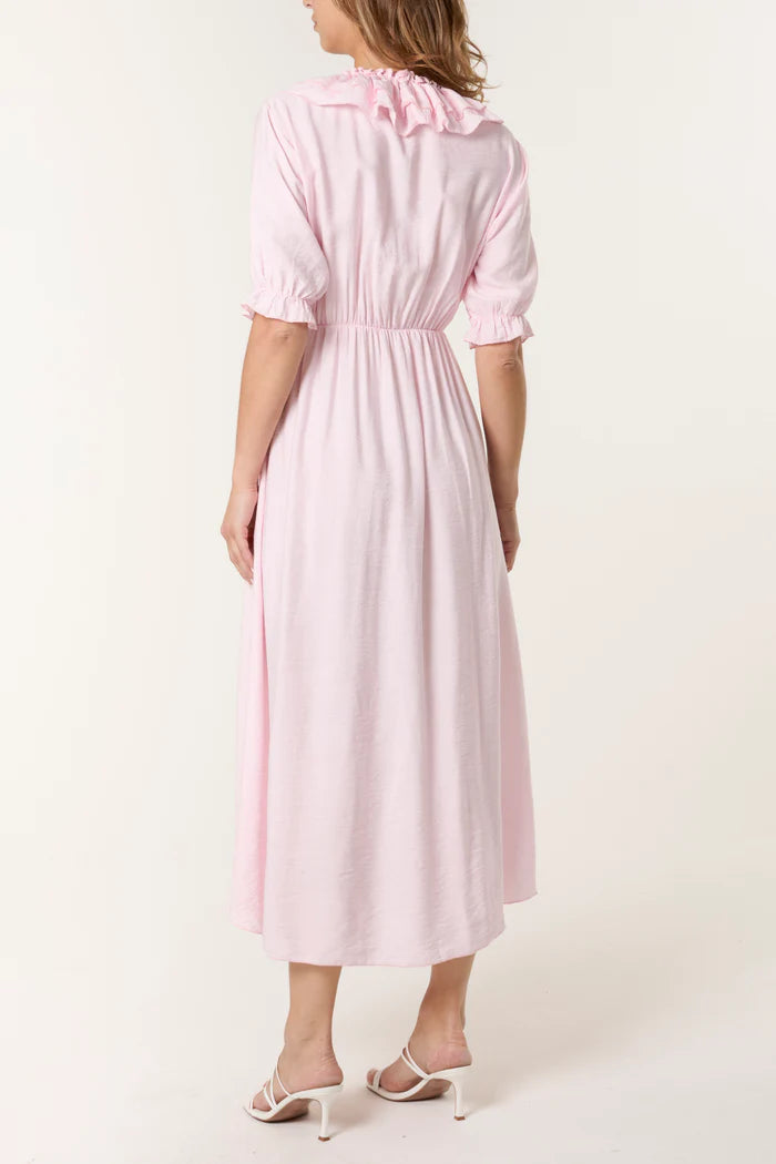 V-Neck Front Ruffle Midi Dress - Blush