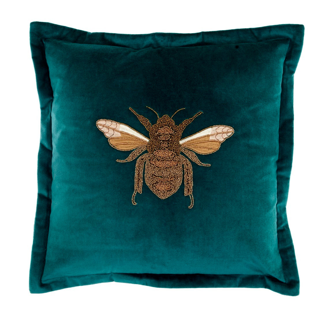 Layla Teal Bee Beaded Voyage Maison Velvet Cushion