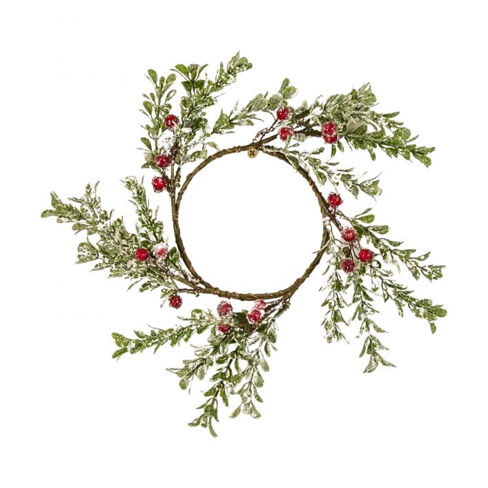 Frosted Mini Leaf Candle Ring Red Berries